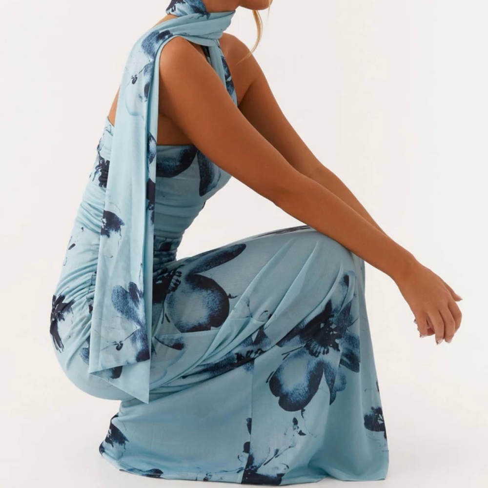 floral strapless maxi dress with scarf